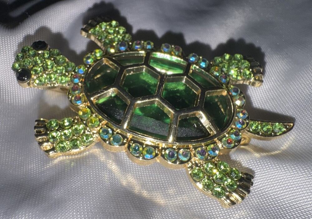 Green Turtle Brooch Gold Tone Rhinestone Enamel Sea Life Animal Jewelry Pin NEW
